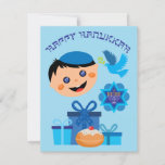 Cartão 🕎 Feliz Hanukkah, garoto, textos personalizáveis<br><div class="desc">Feliz Hanukkah,  crianças felizes com presentes,  rosquinhas,  pombas em fundo branco</div>