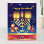 Cartão Feliz Hanukkah Luz Feriado Judeu Dourado<br><div class="desc">Feliz Hanukkah Belo Cartão de Cartões de natal Judeu. Antecedentes judeus do Hanukkah com símbolos tradicionais do Chanukah - Dourado Menorah, Hanukkiah Candelabrum e velas, sonhos de madeira (rodando no topo), rosquinhas, estrela de David e padrão de papel de parede luminoso brilhante. Decoração do Festival Chanucá. Jerusalém, Israel. Convites &...</div>