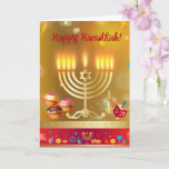 Cartão Feliz Hanukkah Luz Feriado Judeu Dourado<br><div class="desc">Feliz Hanukkah Belo Cartão de Cartões de natal Judeu. Antecedentes judeus do Hanukkah com símbolos tradicionais do Chanukah - Dourado Menorah, Hanukkiah Candelabrum e velas, sonhos de madeira (rodando no topo), rosquinhas, estrela de David e padrão de papel de parede luminoso brilhante. Decoração do Festival Chanucá. Jerusalém, Israel. Convites &...</div>