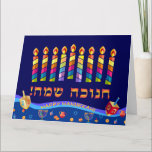 Cartão Feliz Hanukkah Luz Feriado Judeu Hebraico<br><div class="desc">Feliz Hanukkah Belo Cartão de Cartões de natal Judaico com texto de desejos em hebraico. Feliz Hanukkah - traduza do hebraico, "Chanukah Sameach". Antecedentes judeus do Hanukkah com símbolos tradicionais do Chanukah - Dourado Menorah, Hanukkiah Candelabrum e velas, sonhos de madeira (rodando no topo), rosquinhas, estrela de David e padrão...</div>