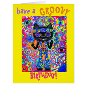 Cartão Feliz Hippie Cat Óculos escuros Sinal de paz Flor