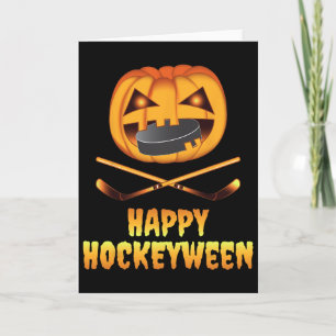 Cartão Feliz Hockeyween Hóquei Abóbora Comendo Disco Engr