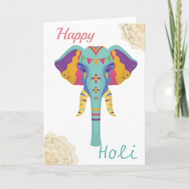 Cartão Feliz Holi - Elefante Colorido Com O Ouro Mandala (Frente)