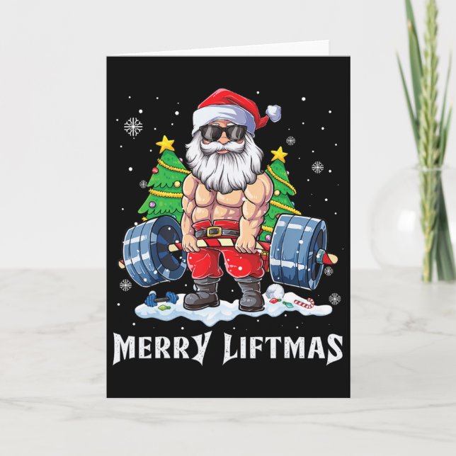 Cartão Feliz Liftmas Engraçado Noel Claus Peso da Malhaçã (Frente)