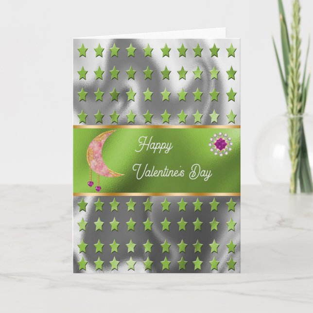 Cartão Feliz Lua Rosa do Dia dos Namorados Jóias & Estrel (Frente)