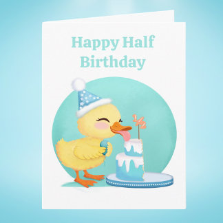 Cartão Feliz Meio Aniversário Bebê Pato com Bolo