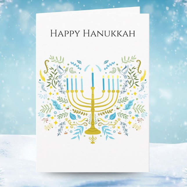 Cartão Feliz Menorá de Hanukkah com Flores  (Criador carregado)