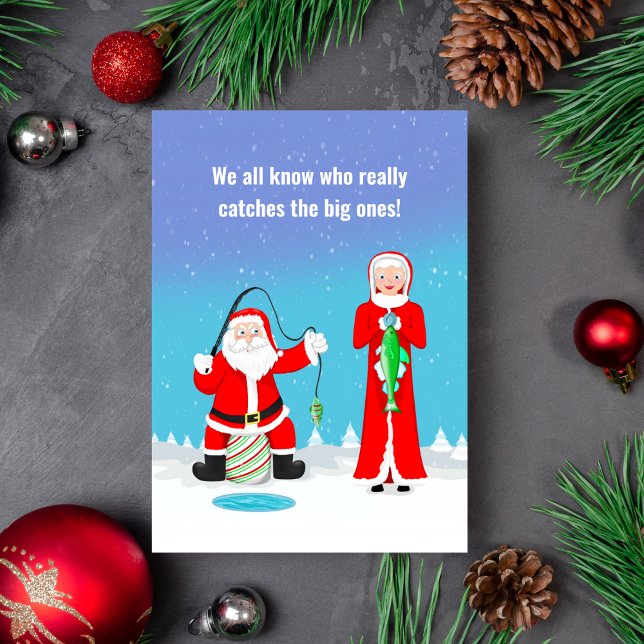 Cartão Feliz Natal A Sra. Claus Bate Papais noeis Na Pesc (A funny card to send to your fishing buddy who can take a joke!)