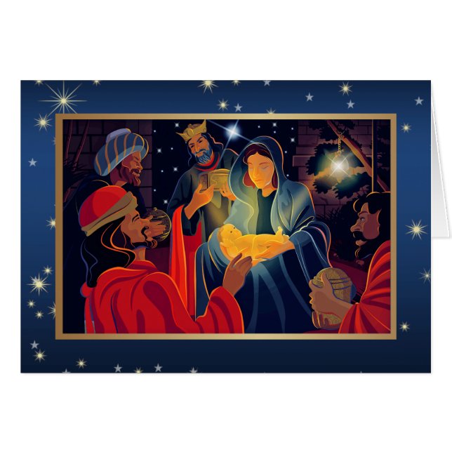 Cartão Feliz Natal. Adoração da placa personalizada Magi (Frente Horizontal)