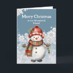 Cartão Feliz Natal Amigo de Snowman<br><div class="desc">Um sorriso de boneco de neve,  tão quente e brilhante,  assim como nossa amizade,  puro prazer. Feliz Natal,  meu caro amigo,  que nosso riso nunca acabe.</div>