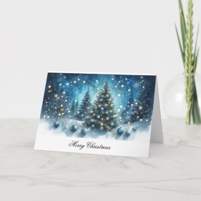 Cartão Feliz Natal Árvores Azuis e Ornamentos (Frente)