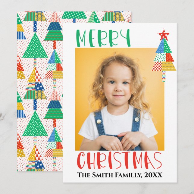 Cartão Feliz Natal Árvores de Natal Modernas em Patchwork (Frente/Verso)