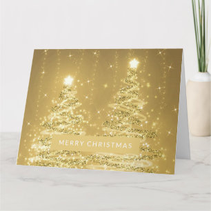 Cartão Feliz Natal Árvores Espumantes Dourados