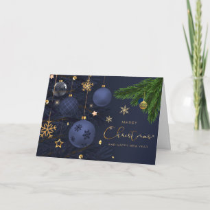 Cartão Feliz Natal Azul, Enfeites Dourados 