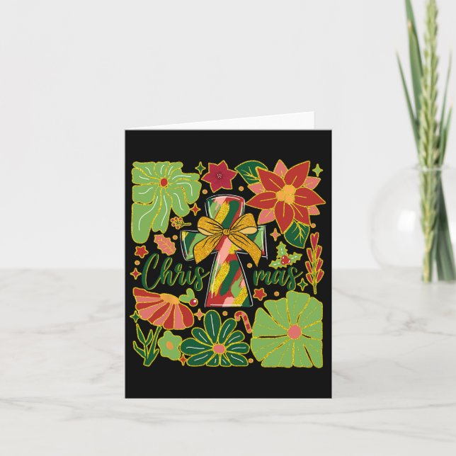 Cartão Feliz Natal Boho Flores Cruzam Mulheres Cristãs (Frente)