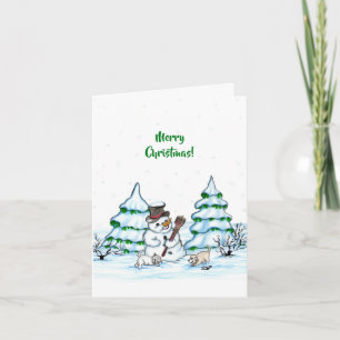 Cartão Feliz Natal! Boneco de Neve com Gato e Cachorrinho