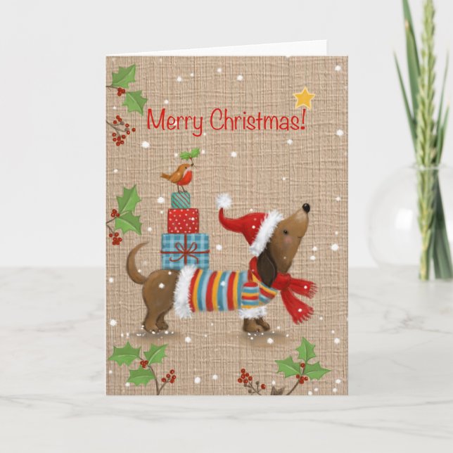 Cartão Feliz Natal, Cachorro com presentes nas costas (Frente)