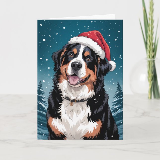Cartão Feliz Natal Cachorro da Montanha Bernese em Papais (Frente)