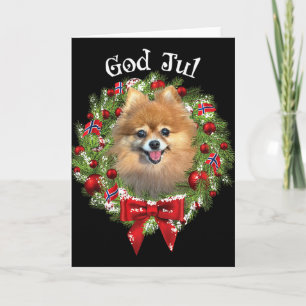 Cartão Feliz Natal Cachorro Pomerânia Norueguês Coroa de