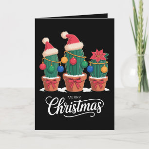 Cartão Feliz Natal Cacto Chapéu do Papai Noel Poinsettia 