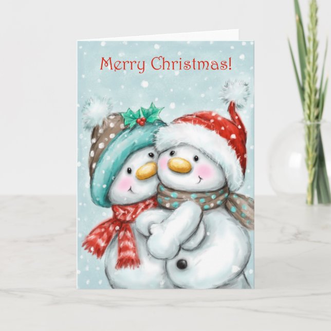 Cartão Feliz Natal, Casal Bonito Snowman Cudddling (Frente)