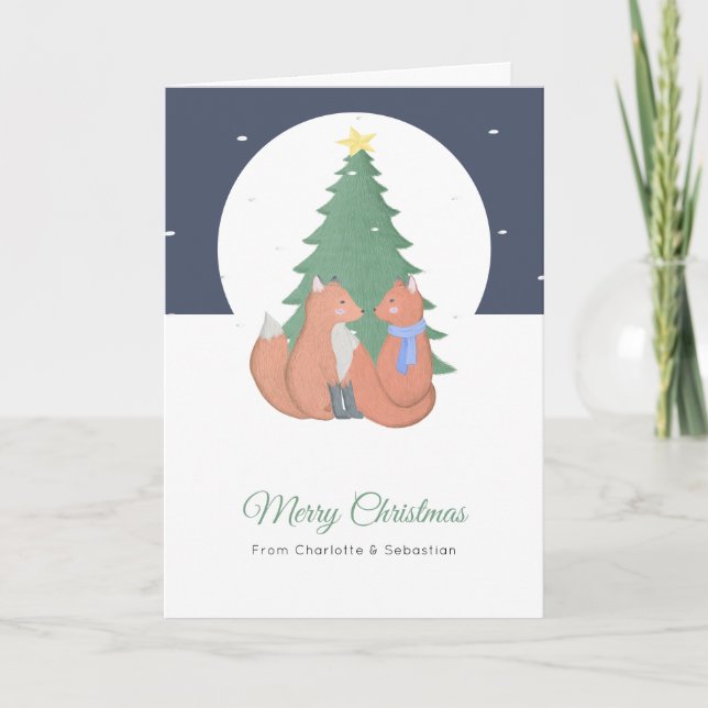 Cartão Feliz Natal Casal de Raposa Fofa e Árvore (Frente)