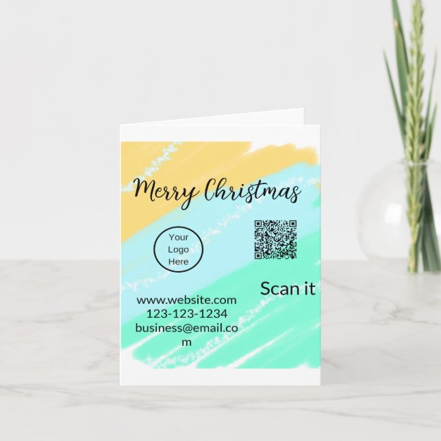 Cartão Feliz Natal Código QR comercial amarelo verde (Frente)