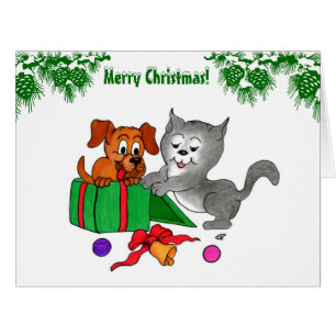 Cartão Feliz Natal com Cat e Puppy