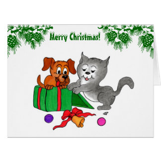 Cartão Feliz Natal com Cat e Puppy