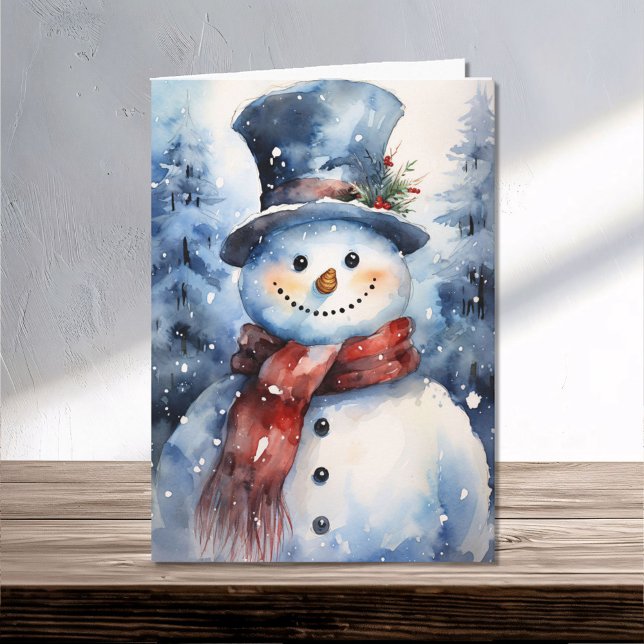 Cartão Feliz Natal da família Watercolor Snowman (Criador carregado)