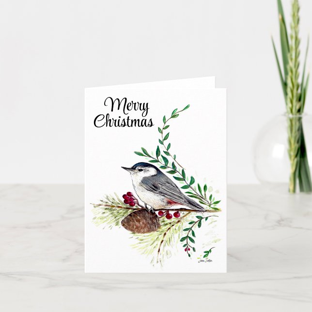 Cartão Feliz Natal de Nothatch Bird (Merry Christmas Nuthatch Bird Holiday Card from Jenn's Emporium. )