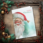 Cartão Feliz Natal do Papai Noel<br><div class="desc">Há um belo retrato vintage de um Papai Noel sorridente na frente deste cartão de Férias. Papais noeis vestem seu chapéu tradicional com um punho de ouro no final. O retrato é colocado em uma palha de abstrato, e o texto no topo diz "FELIZ Natal". O dentro da placa é...</div>