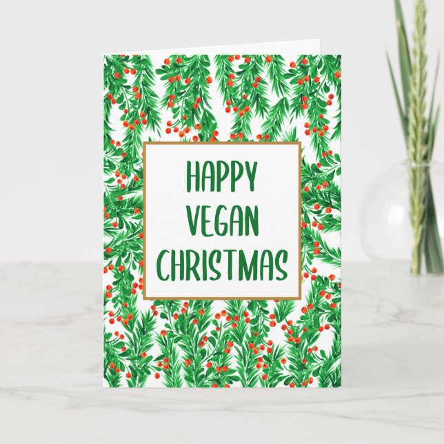 Cartão Feliz Natal do Vegan Verde e Pinheiro Vermelho (Frente)