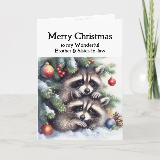 Cartão Feliz Natal dos Raccoons Irmão e cunhada (Frente)