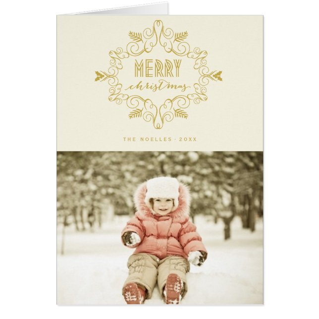 Cartão Feliz Natal Dourado Foto da Folhagem de Deco Vinta (Frente)