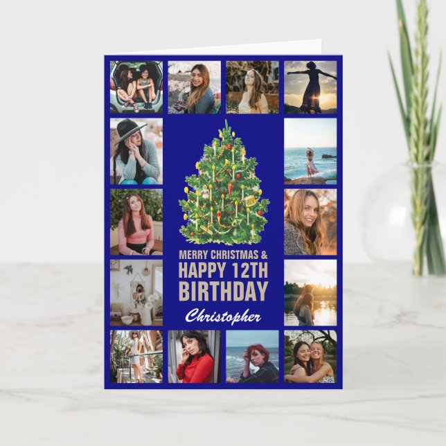 Cartão Feliz Natal e 12 Feliz Marinho de aniversário Azul (Frente)