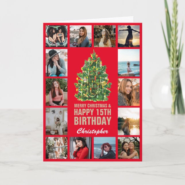 Cartão Feliz Natal e 15 Feliz Aniversário Vermelho e Dour (Frente)