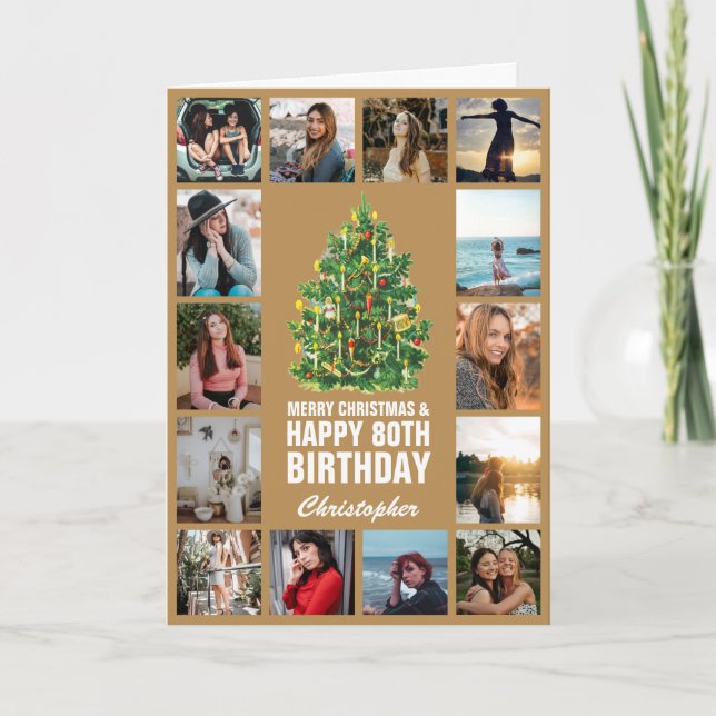 Cartão Feliz Natal e 80 Feliz Aniversário Dourado (Frente)