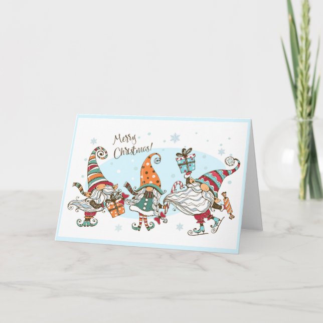 Cartão Feliz Natal Elves Gnomos Watercolor Diversão P (Frente)