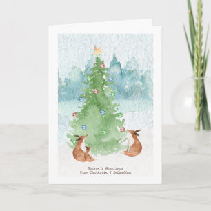 Cartão Feliz Natal Família de Raposas Com Árvore Aquarela