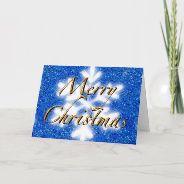Cartão Feliz Natal, floco de neve de brilho azul  (Frente)