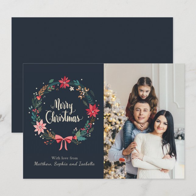 Cartão Feliz Natal Floral Wreath Foto Personalizada (Frente/Verso)