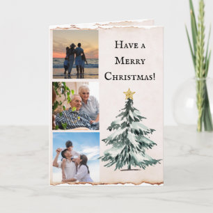 Cartão Feliz Natal Foto de Família Aquarela Árvore