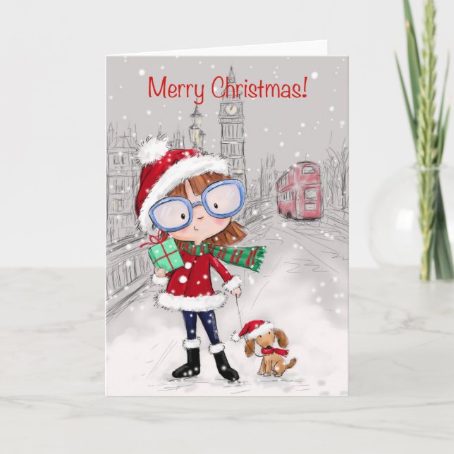 Cartão Feliz Natal, Garota da Cidade Andando seu Cachorro (Frente)