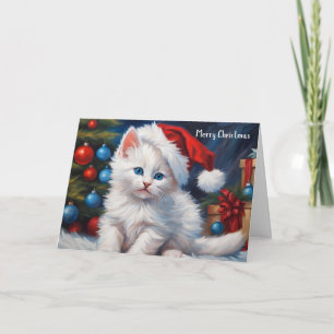 Cartão Feliz Natal, Gato Branco e Árvore de Natal