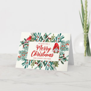 Cartão Feliz Natal Gnomo, Cardeal Vermelho, Holly Berry