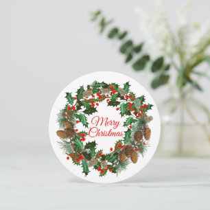 Cartão Feliz Natal Holly e Pine Wreath