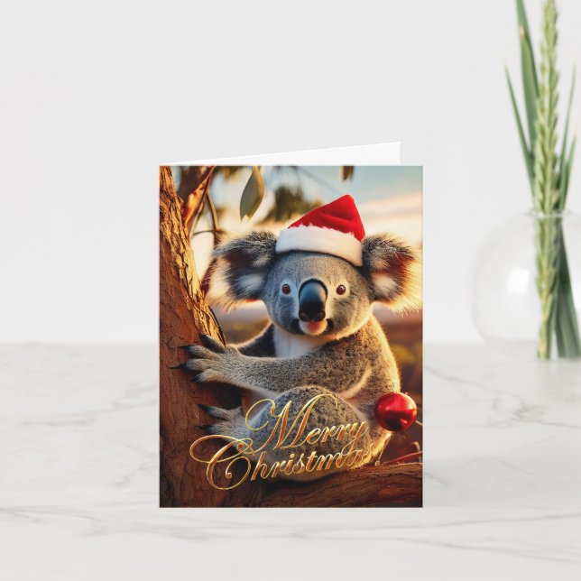 Cartão Feliz Natal Koala sentado na Gumtree (Frente)