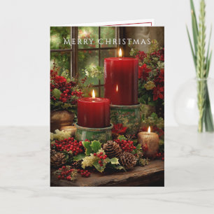 Cartão Feliz Natal Lareira Velas Vermelhas Pinhas