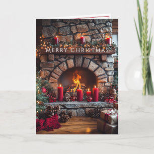 Cartão Feliz Natal Lareira Velas Vermelhas Pinhas